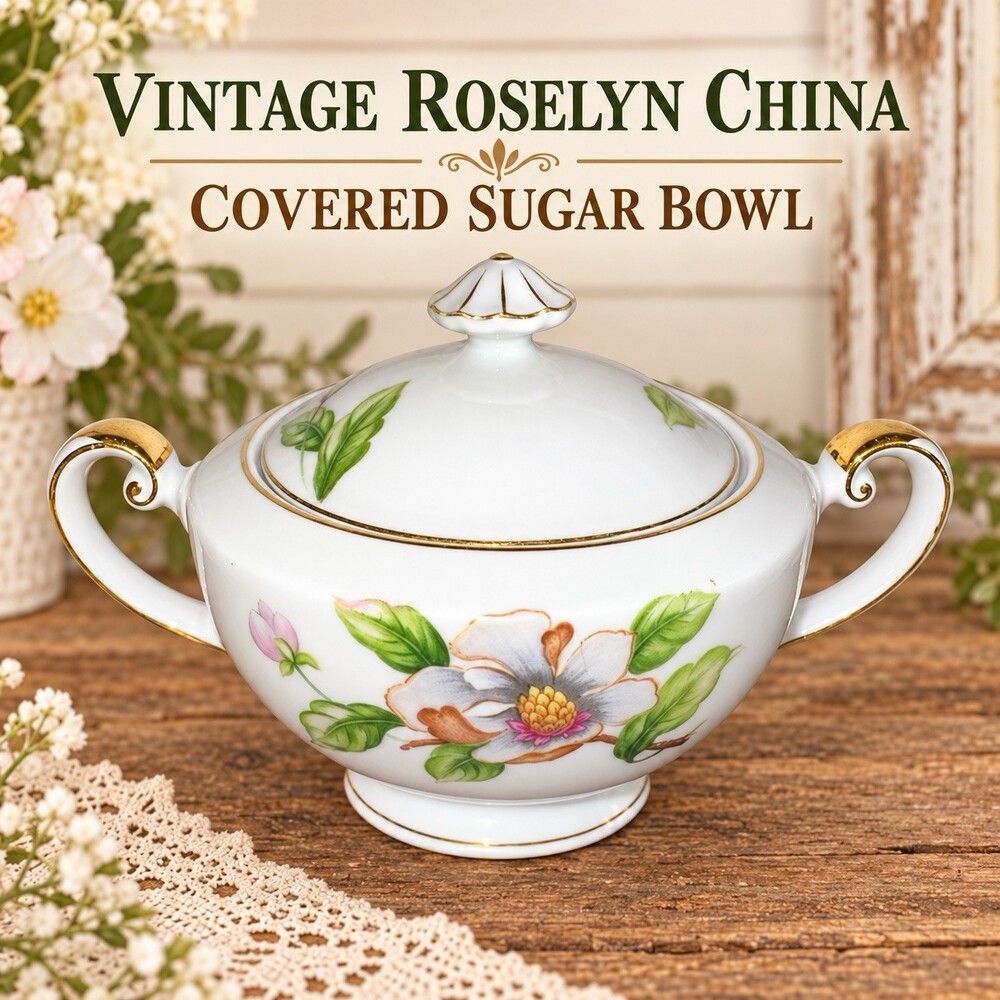 Vintage Roselyn China Dogwood Covered Sugar Bowl Japan Gold Trim 1950s